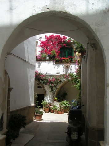 Runder Torbogen gewährt Einblick in einen Innenhof mit Blumentöpfen und einer pink Bougainvillea an der Hausmauer.